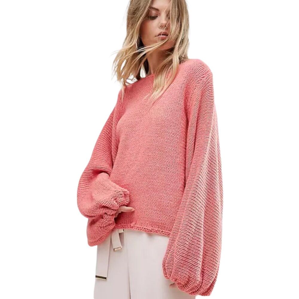 Oneon Pink Hand Knitted Balloon Sleeve Sweater Small New
